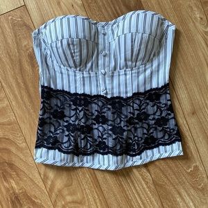 Pin stripe bustier/corset top with black lace accent, strapless top